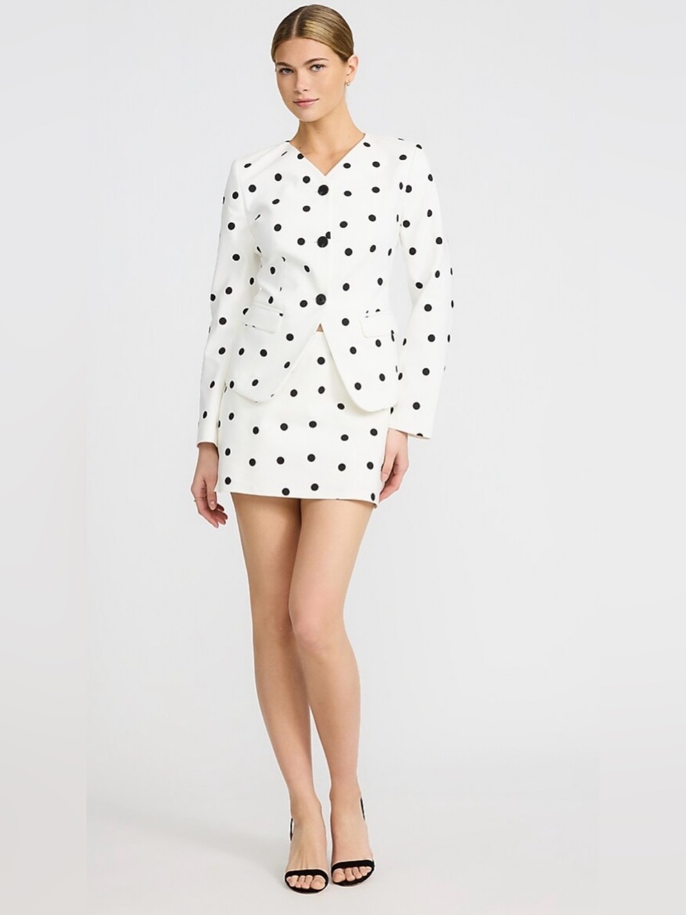 Express Editor White Polka Dot Blazer Skirt Set Stretch
Cotton 2-Piece Suit A4